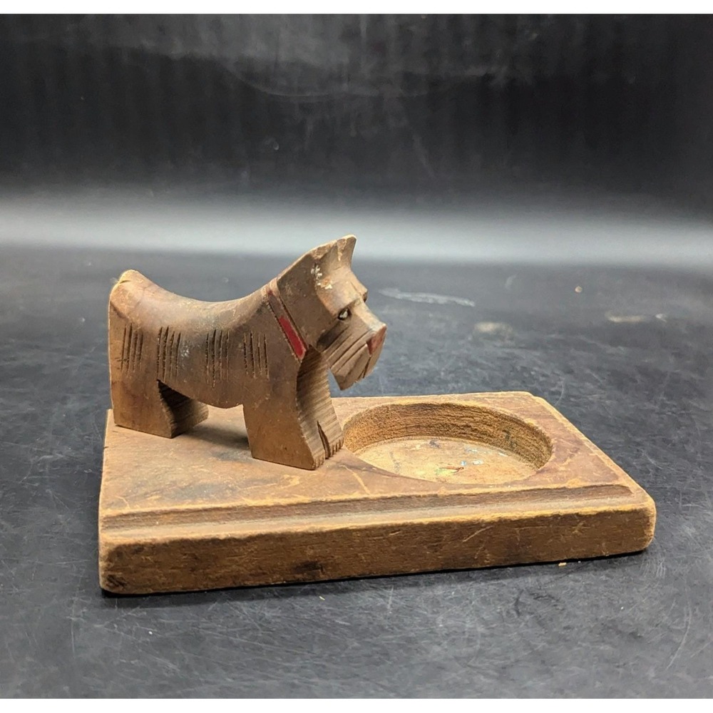 Vintage Hand Carved Wood Wooden Scottie Dog Puppy Ashtray 6.5"